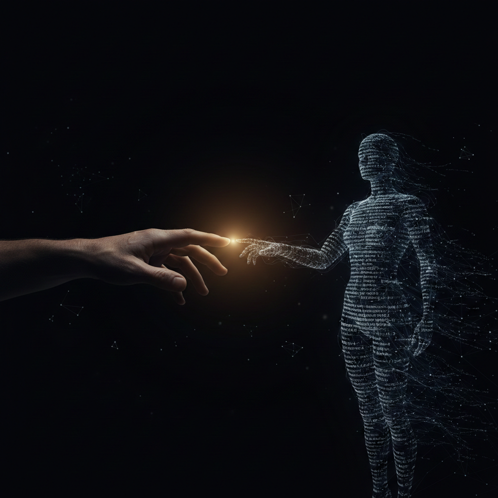 A human hand reaching toward a digital human figure made of code