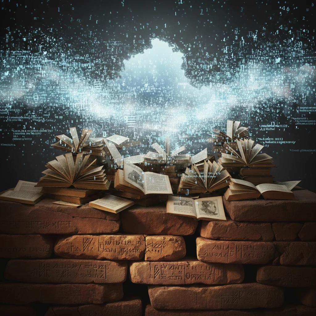 Ancient clay tablets and open books at the base, with digital code dissolving upward into light — data as geology beneath intelligence