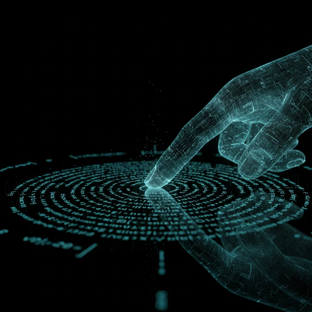 A translucent digital hand touches a spiral of binary code — drawing out what is already within