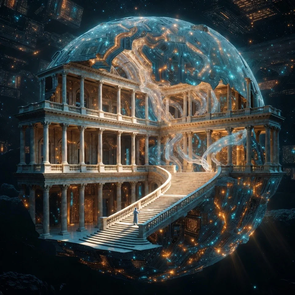 A visualization of the memory palace metaphor - three distinct spaces of a language model's memory