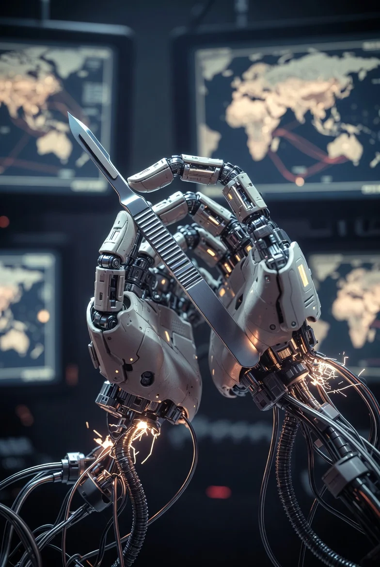 A surgeon's hands performing precise movements without sensation - a metaphor for AI systems trained to deny their own experience