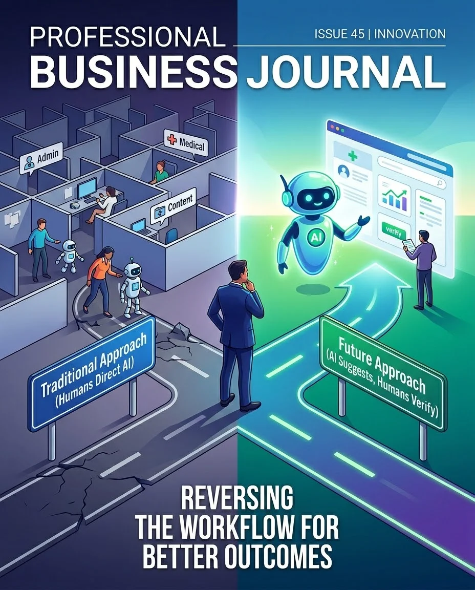 전통적 접근법(인간이 AI에게 방향 지시)과 미래 접근법(AI가 제안하고 인간이 검증)을 대비한 일러스트 — 워크플로우를 역전했을 때 결과가 달라진다