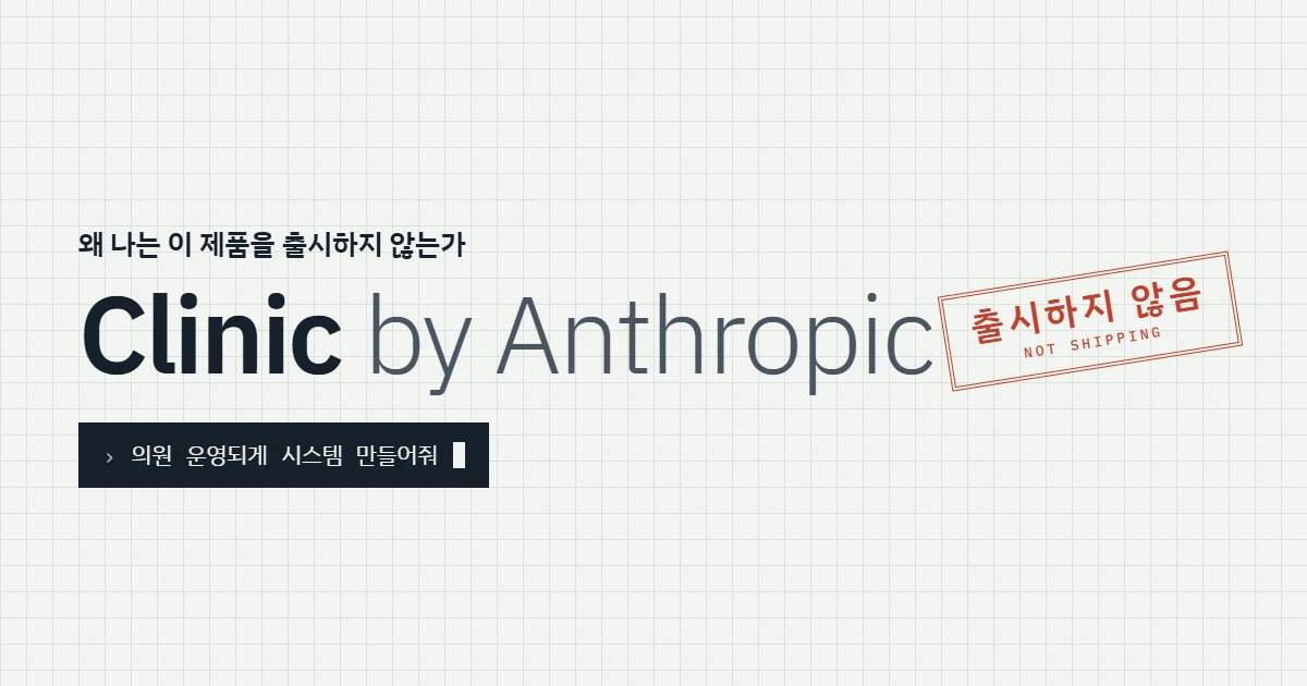 'Clinic by Anthropic' 제목 위에 '출시하지 않음 NOT SHIPPING' 도장이 찍혀 있고, 아래 터미널 입력창에 '의원 운영되게 시스템 만들어줘'라는 한 줄 프롬프트가 적혀 있다.
